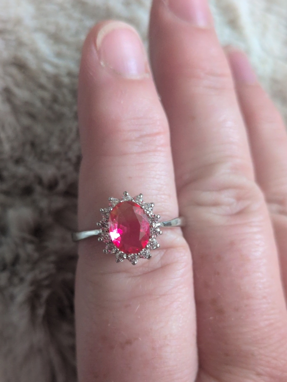 Sterling Silver Ring with Pink Oval Gemstone and Halo